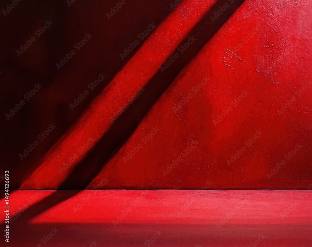 Poster abstract close-up of textured red wall with diagonal dark shadow lines creating contrast and depth