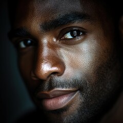 Obraz premium Close-up portrait of a young man with dark skin, textured skin, slight smile, and reflective eyes conveying calm confidence