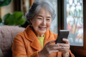 Senior woman sitting indoors near window smiling while using smartphone wearing orange coat and yellow sweater