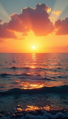 Serene seascape at sunrise, calm ocean meeting the hazy horizon Golden light paints the sky with breathtaking hues Perfect for travel, nature, and serenity themes , seaside, tranquil scene, calm