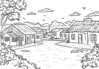 Obraz premium Village paisible, dessin au trait
