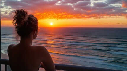 Fototapeta premium Woman watches a breathtaking ocean sunset.