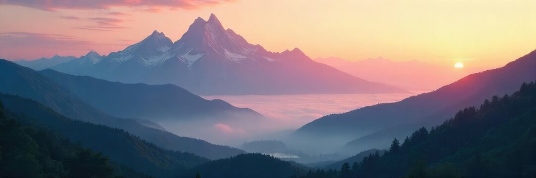 Serene mountain vista at dawn, mist clinging to the peaks, a perfect image for mindfulness and tranquility Ideal for meditation, yoga, zen, peace, nature, spirituality themes , quiet, focus