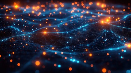 Fototapeta premium Abstract digital wave landscape with glowing blue mesh grid and scattered orange and blue light particles creating a dynamic futuristic atmosphere