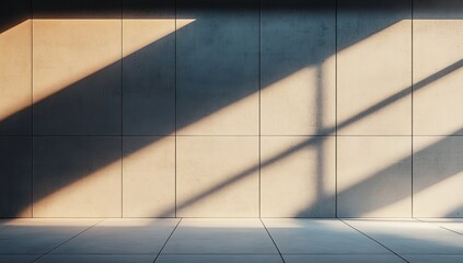 Empty modern interior wall with large tiles illuminated by sunlight casting geometric shadows creating a calm atmosphere