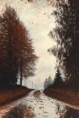 Obraz premium Narrow winding country road surrounded by tall autumn trees under an overcast sky, with damp leaves scattered on the wet path