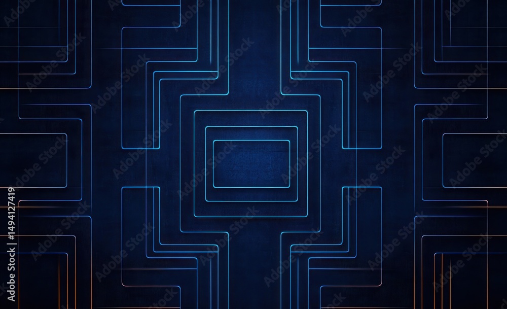 Aufkleber abstract geometric pattern of interconnected glowing blue and orange lines on dark blue textured bac