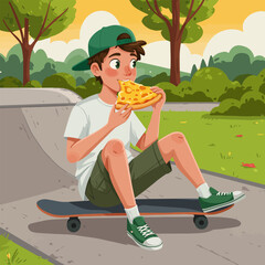 Boy Enjoying Pizza Slice While Sitting on Skateboard Outdoors