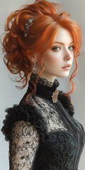Elegant young woman with red hair styled in an intricate updo wearing vintage black lace dress and ornate jewelry, gazing softly to the side with serene expression