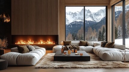 Cozy modern living room with large windows showing snowy mountain landscape, featuring sectional sofas around a fireplace and a low black coffee table with drinks