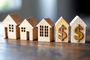 Row of small wooden house models with two featuring golden dollar signs symbolizing real estate investment or property value