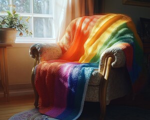 Cozy armchair draped with a colorful rainbow blanket by a window with sunlight streaming in, next to a wooden side table with a green potted plant