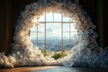 Large circular window framed with abundant white daisies, overlooking a cityscape under a cloudy sky with soft natural lighting, evoking tranquility and beauty