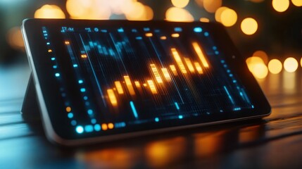 Digital tablet displaying glowing blue and orange financial bar and candlestick charts on a dark wooden surface with blurred warm bokeh lights in the background