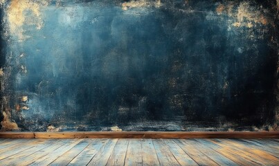 Empty room with worn wooden floor and distressed dark blue textured wall, evoking rustic and vintage atmosphere