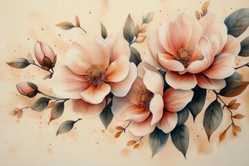 Delicate cluster of soft peach and cream flowers with green leaves on thin stems against a light background, evoking calmness and elegance
