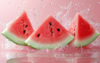 Three fresh watermelon slices with water splashing around them on a pink background