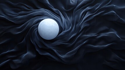 smooth white spherical object surrounded by flowing dark blue fabric creating a swirling pattern with soft folds and texture