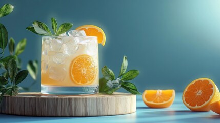 Refreshing citrus drink with ice cubes in a glass garnished with orange slices and green leaves on a wooden surface against a blue background