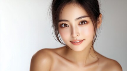 Portrait of a young woman with clear skin and warm brown eyes smiling gently with loose dark hair against a light blurred background
