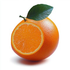 Fresh ripe orange fruit with a single green leaf attached, displaying a detailed cross section of the juicy interior under bright lighting on a white background