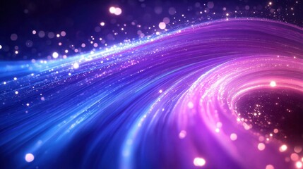 Abstract glowing strands in blue and purple swirling with sparkling light particles creating a dynamic and vibrant energy flow
