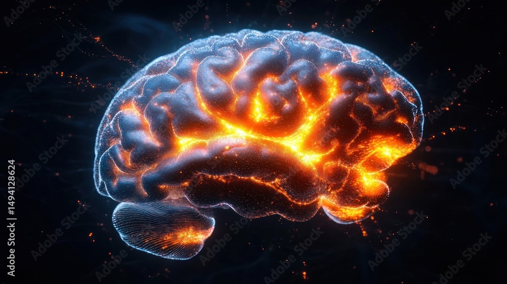 Poster digital representation of a glowing human brain with illuminated neural pathways and vibrant orange 