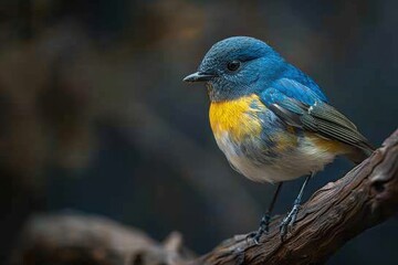 Obraz premium a small blue and yellow bird sitting on a branch