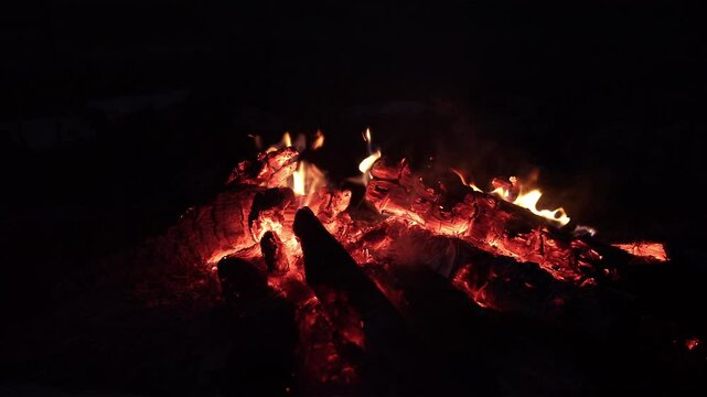 Loopable campfire at night with glowing red embers and flickering flames. Ideal for backgrounds, camping scenes, or outdoor survival visuals.