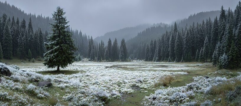 Snowy Forest Landscape Under Cloudy Sky