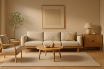 Japandi Living Room Interior with Cozy Minimalist Furniture and Warm Lighting