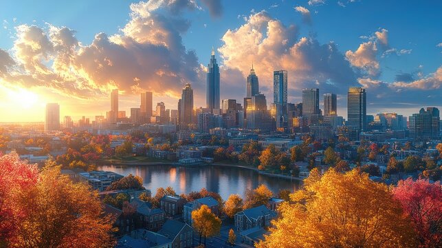 City skyline at sunrise with tall skyscrapers, autumn trees with colorful foliage, a peaceful lake, and a residential area under a partly cloudy sky
