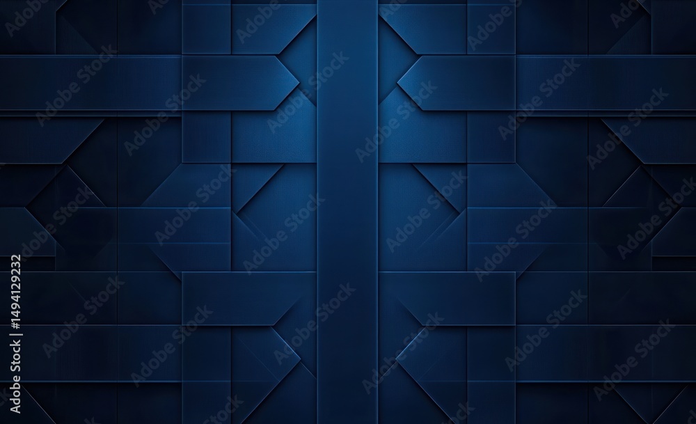 Poster dark blue geometric abstract background with layered rectangular shapes creating a symmetrical patte