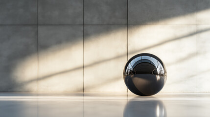 Reflective Dark Sphere on Beige Floor with Gray Wall Background

