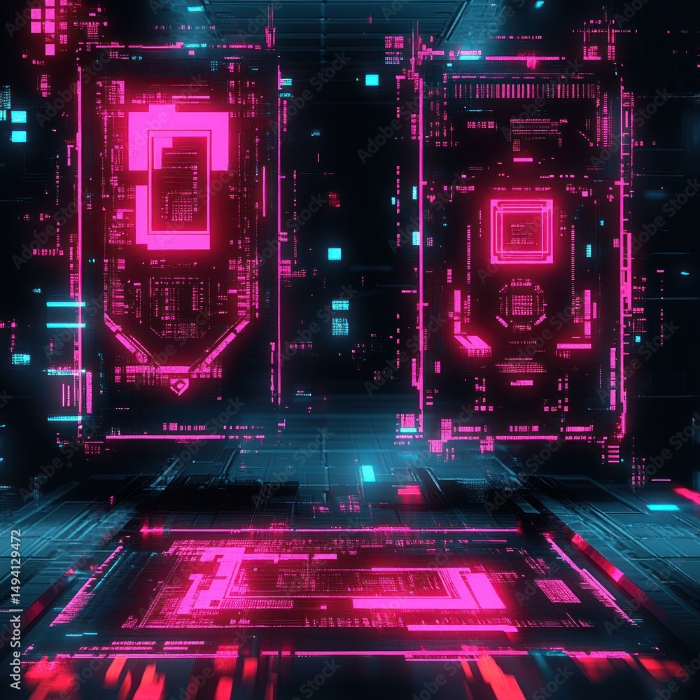 Aufkleber abstract futuristic digital interface with glowing neon pink and blue circuit-like patterns in a dar