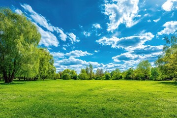 Obraz premium Scenic Lush Green Meadow Under Sunny Blue Sky