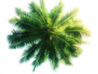 Top-down view of a lush green palm tree with sunlight filtering through the leaves creating a bright natural glow