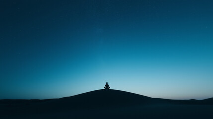 Silhouette of Meditating Person on Desert Dune Under Starry Night Sky

