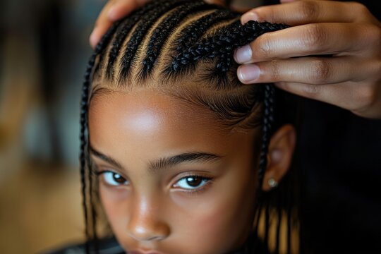 Close-up of a young girl with braided hair having her cornrows styled by hands showing care and focus