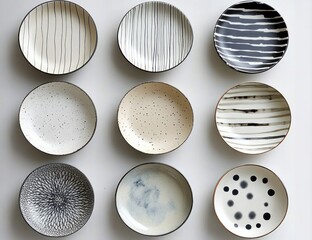 Nine ceramic bowls arranged in a grid on a white surface featuring various black and white patterns including lines, dots, and abstract designs