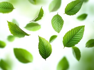 Fototapeta premium Close-up of multiple bright green leaves floating gently against a soft, light background, evoking a fresh and natural atmosphere