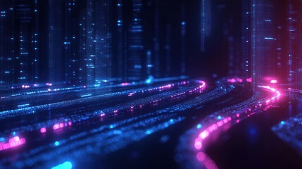 Glowing flowing streams of complex blue and pink digital data lines against a dark background conveying a futuristic high-tech atmosphere