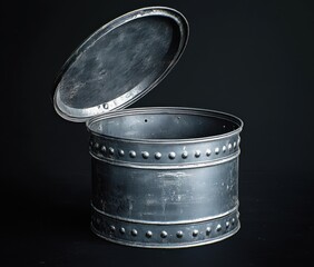 Old cylindrical metal container with riveted bands and open lid on dark background