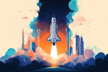 Rocket launching into space from a futuristic cityscape surrounded by clouds and colorful sky at sunset