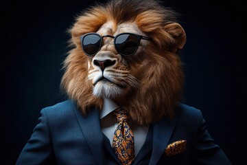 Confident lion with full mane wearing sunglasses and a patterned tie and pocket square dressed in a formal blue suit against a dark background
