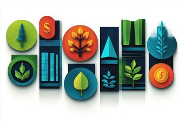 Abstract colorful geometric shapes featuring various stylized leaves, plants, trees, financial symbols, and bar chart elements arranged in a modern, textured composition