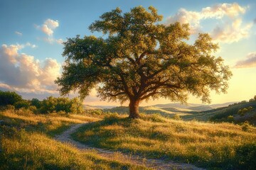 A large solitary tree standing on a grassy hill bathed in golden sunlight with a winding dirt path leading towards it under a partly cloudy sky