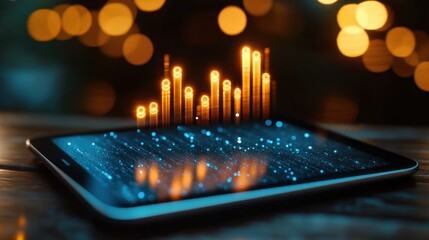 Digital tablet displaying glowing blue data points with rising orange bar chart hologram on a dark surface with blurred warm bokeh lights in the background