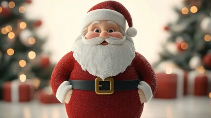 Cheerful Santa Claus figure with rosy cheeks and white beard standing with hands on hips in festive setting with blurred Christmas trees and gifts in background