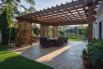 Outdoor patio area with a large wooden pergola casting shadows over a dining table and wicker chairs surrounded by green lawn and garden plants in a sunny backyard